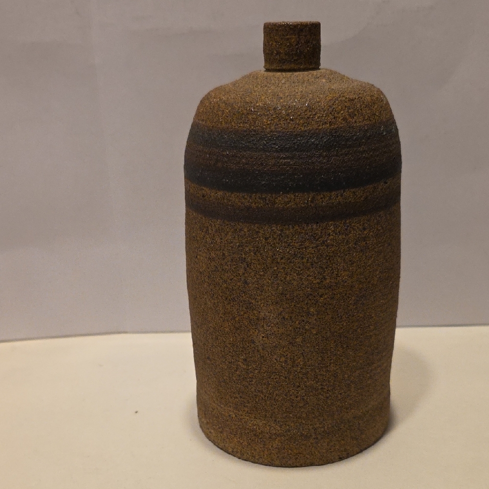 Vintage Squat Studio Pottery Vase Rough Banned Exterior 7.5 Inches Tall Signed
